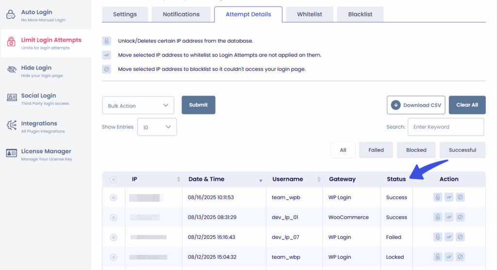 LLA Attempt Details - Status Column