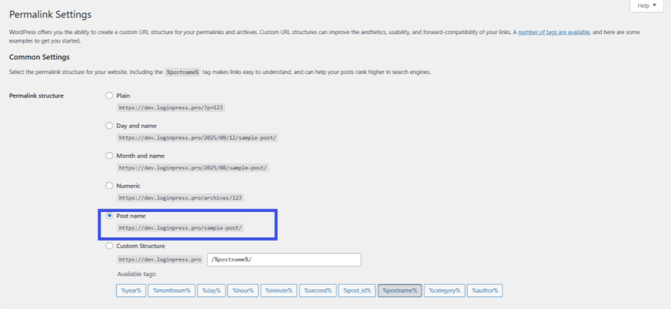 post name wordpress settings Post name option in wordpress permalinks settings