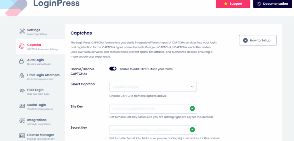 recaptcha Enable recaptcha settings in loginpress security settings
