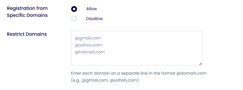 Registrations from Specific Domains - LoginPress Settings