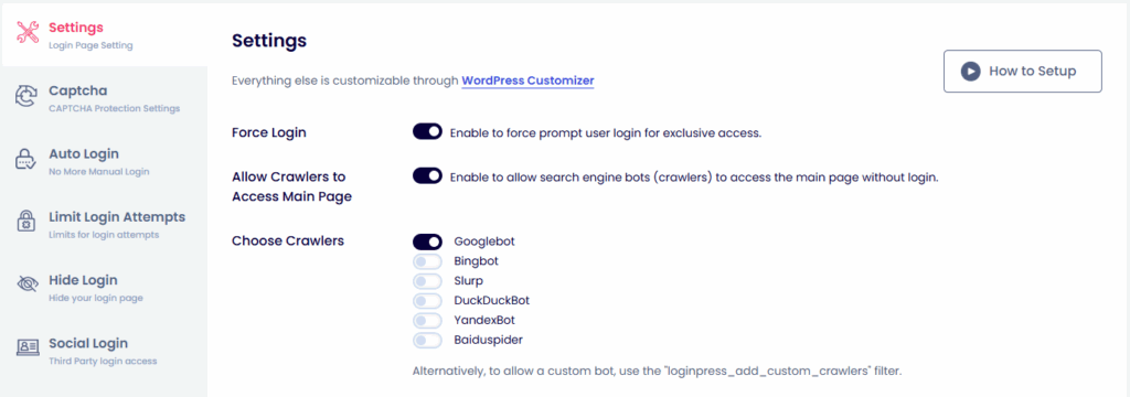 Crawler Access Settings - LoginPress