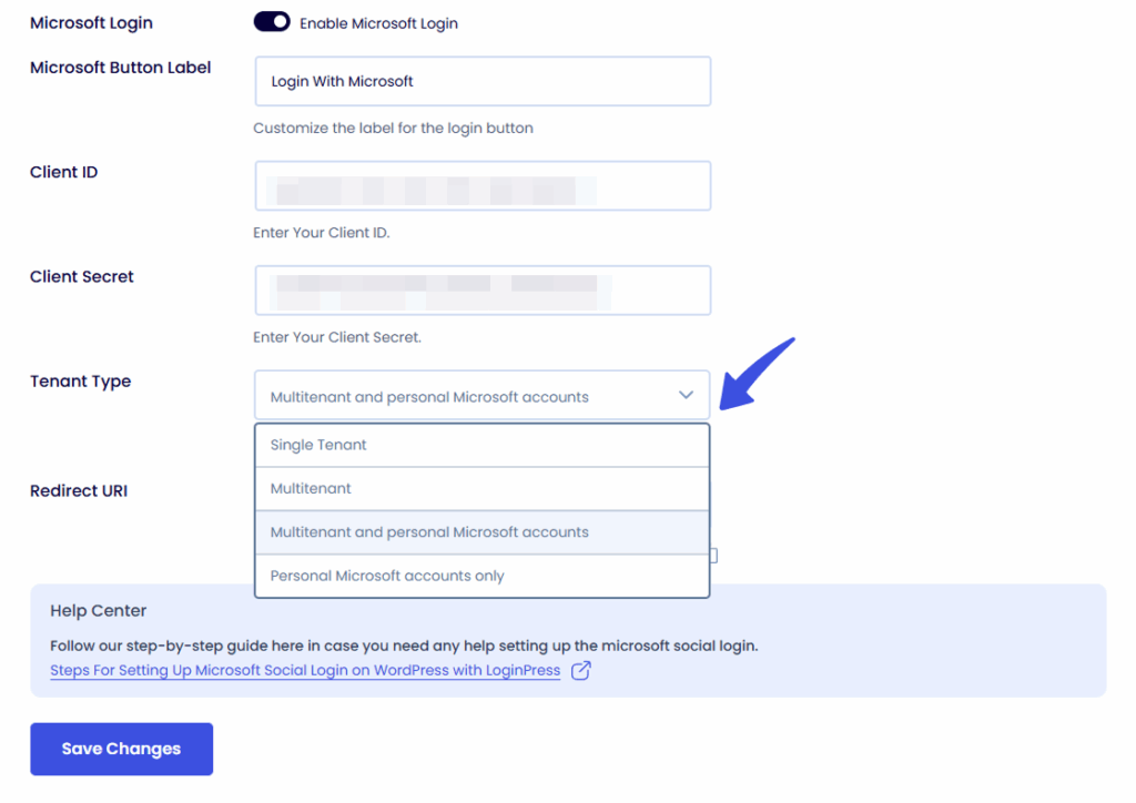 Tenant Type - Microsoft Social Login