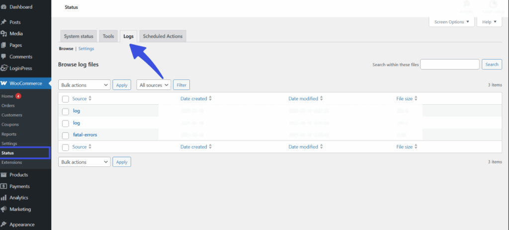 Navigate to server logs in woocommerce setttings for woocommerce spam orders