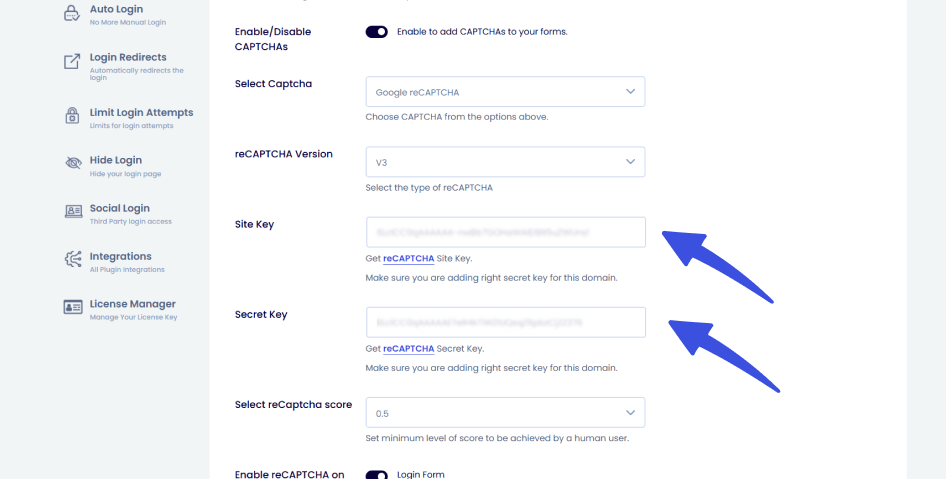 add site and secret key Add site key and secret key into loginpress social login for hcaptcha vs recaptcha