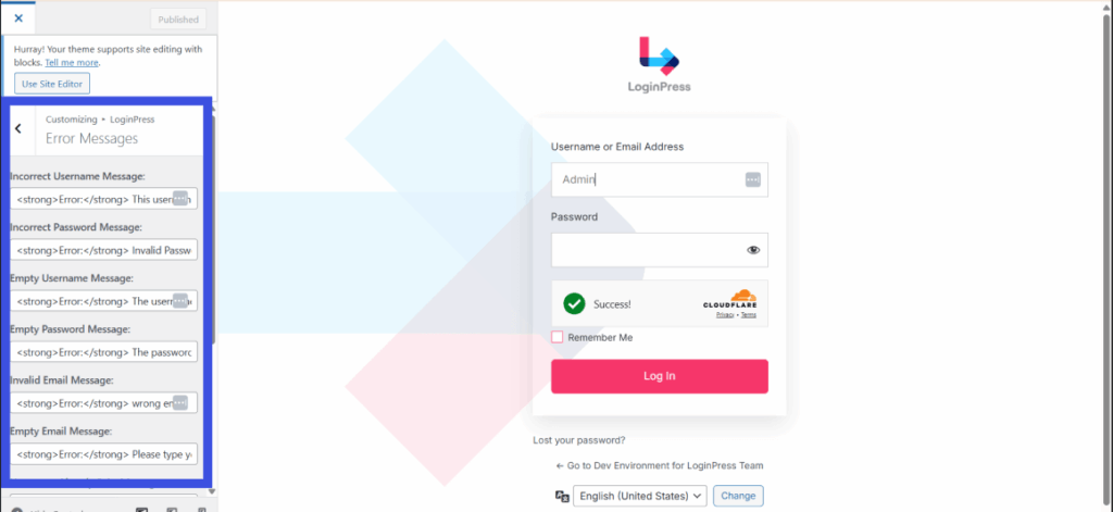 Custom error messages in loginpress