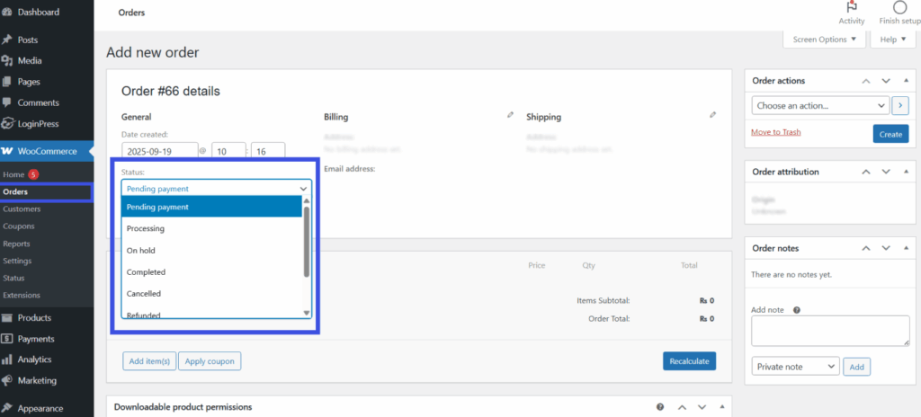 Filter the orders list by status for woocommerce spam orders