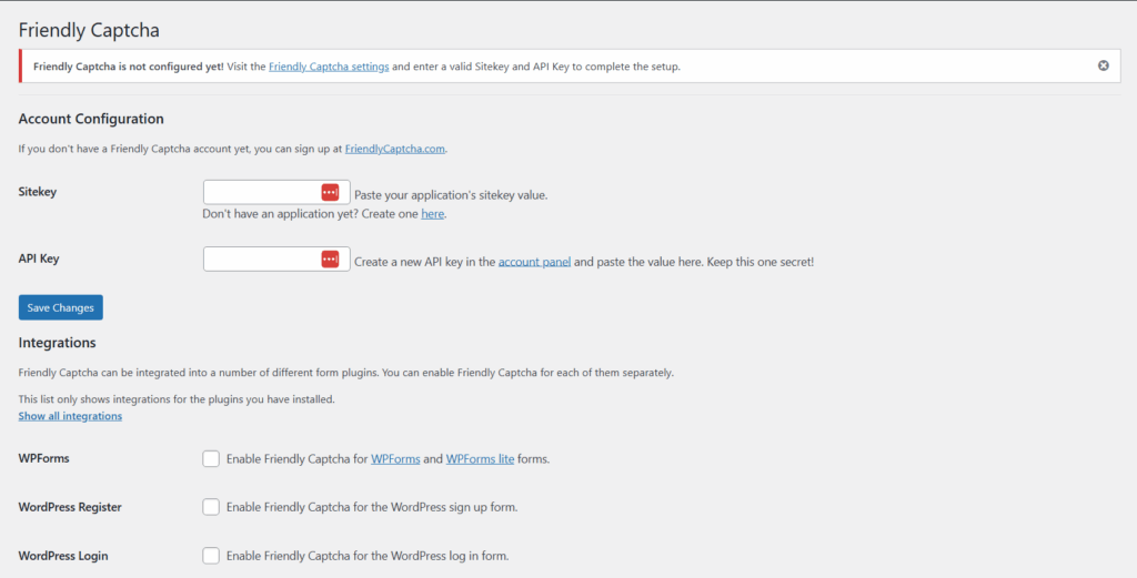 Friendly captcha plugin in wordpress