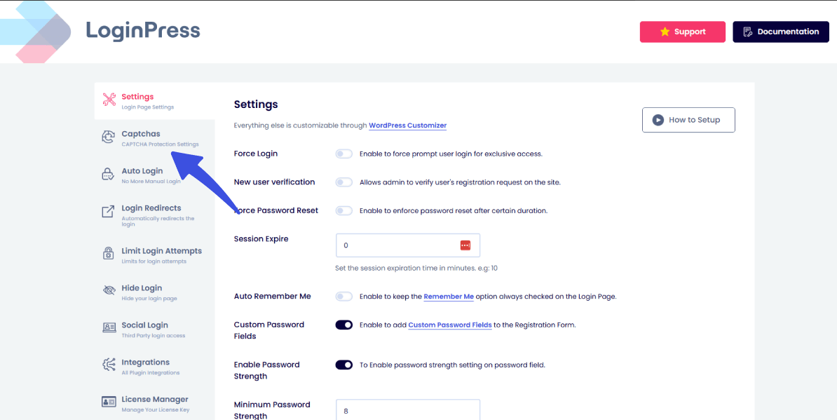 navigate to captchas settings Navigate to captcha setting in loginpress for hcaptcha vs recaptcha