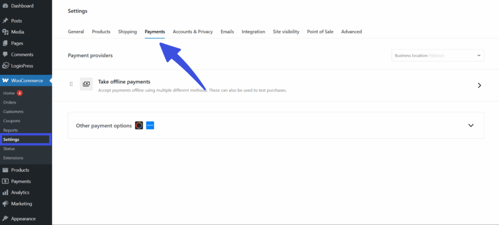 Navigate to payments section in woocommerce