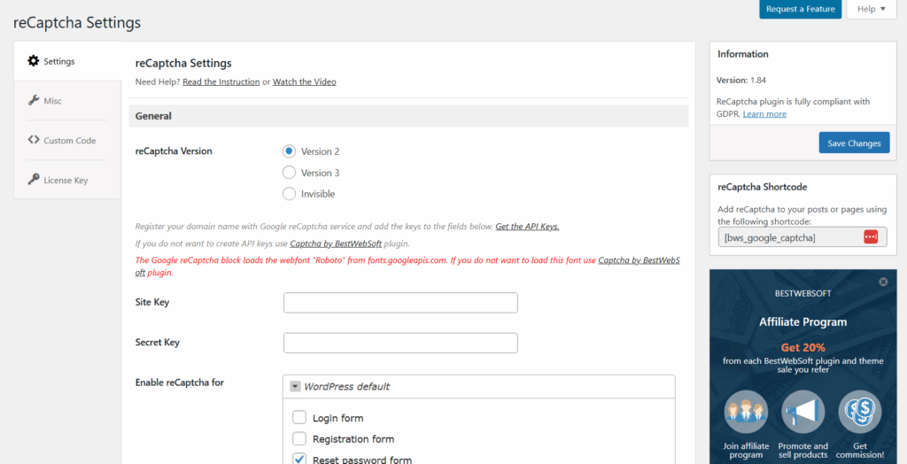 Recaptcha by bestwebsoft captcha plugin
