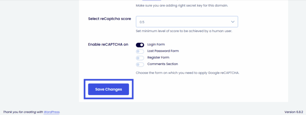 Save your changes in loginpress after enabling captcha