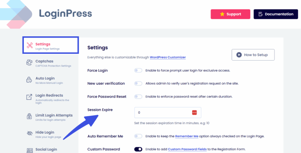 Session expire settings in loginpress
