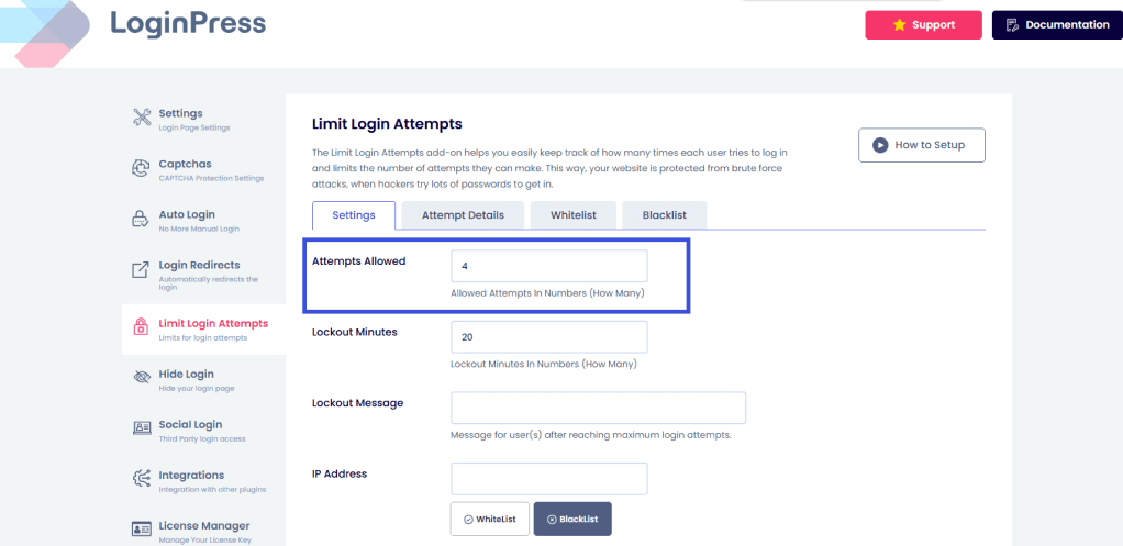 attempts allowed feature Login attempts allowed for limit login attempts in wordpress