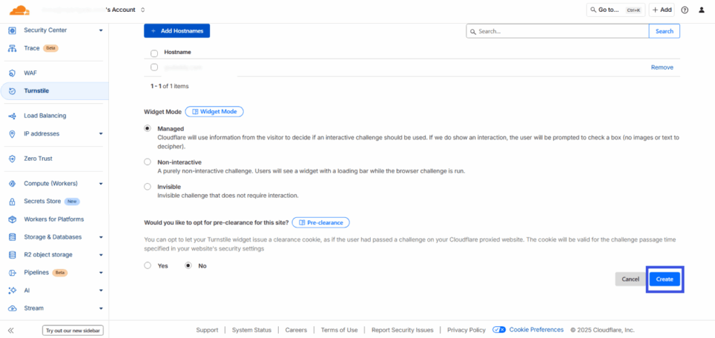 click on create Click on create to create a new widget in cloudflare turnstile for wordpress