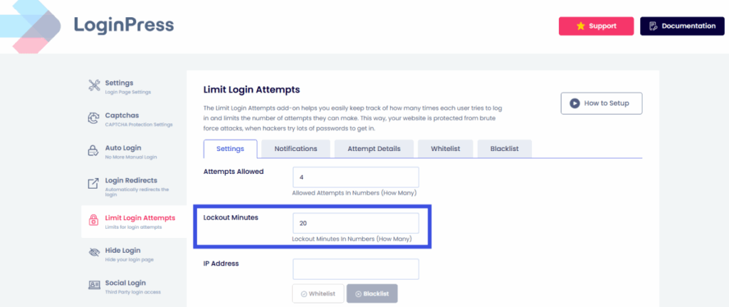 lockout minutes feature Lockout minutes option in loginpress to limit login attempts in wordpress