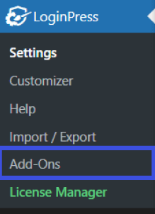 navigate to add ons Navigate to addons in loginpress for passwordless authentication