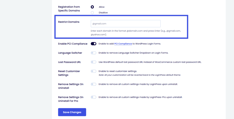 restrict domain option Restrict access in wordpress by user role based on domain in loginpress