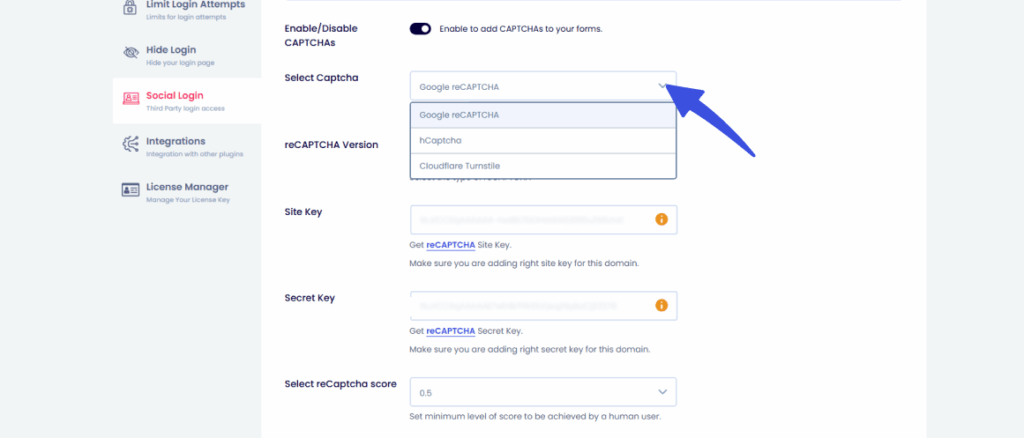 select captcha Select captcha type and choose cloudflare turnstile for wordpress