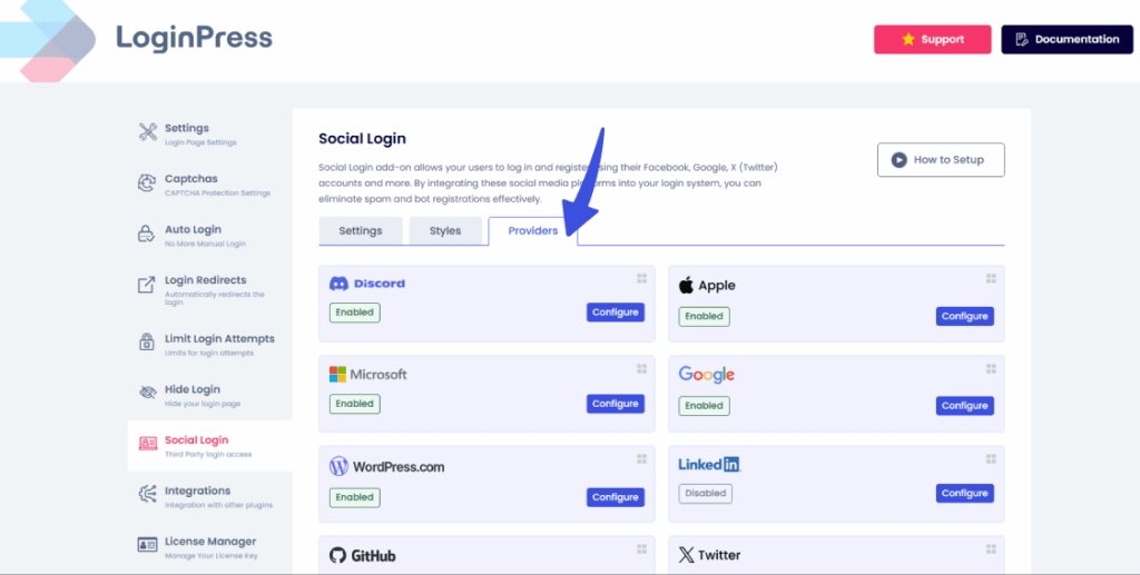 select providers tab Select social providers from providers tab for wordpress social login