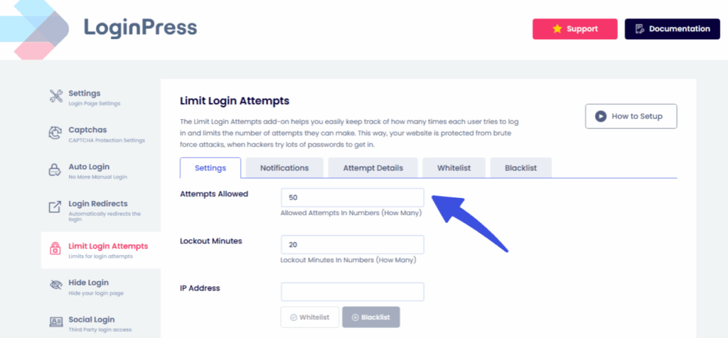 Attempts allowed option for wordpress session management