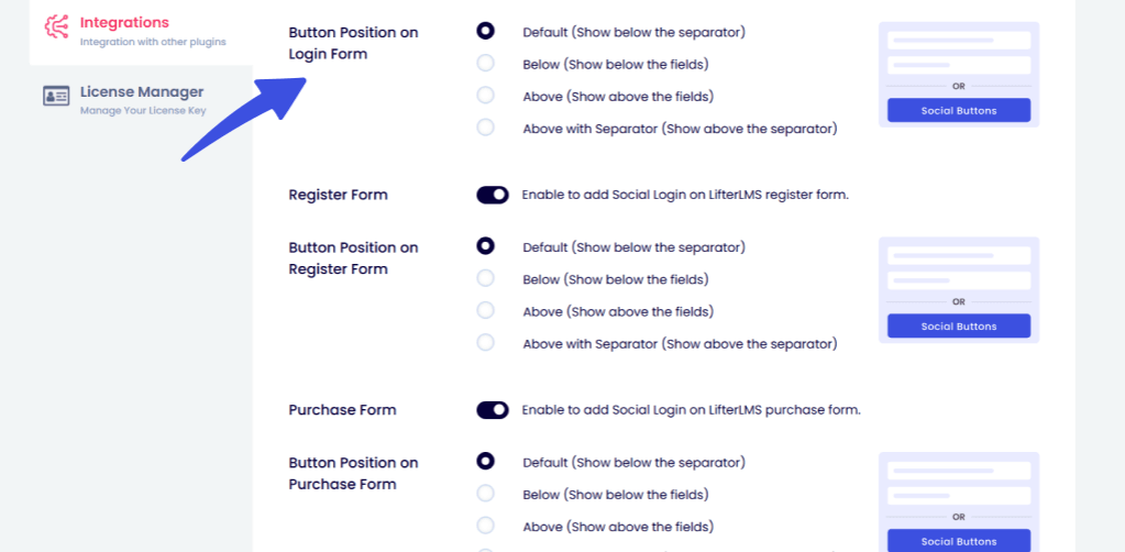 Button position option in integrations on loginpress