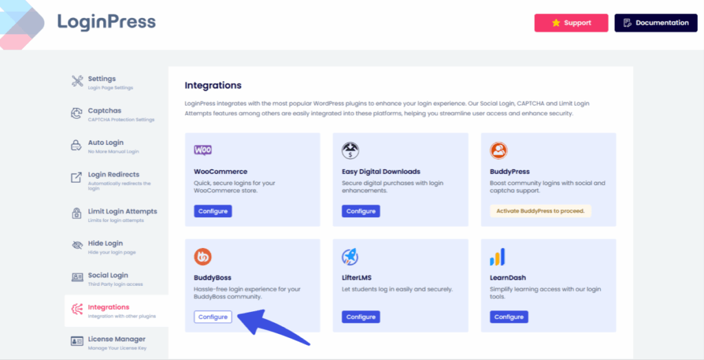 click configure button Click configure button for integration with buddyboss