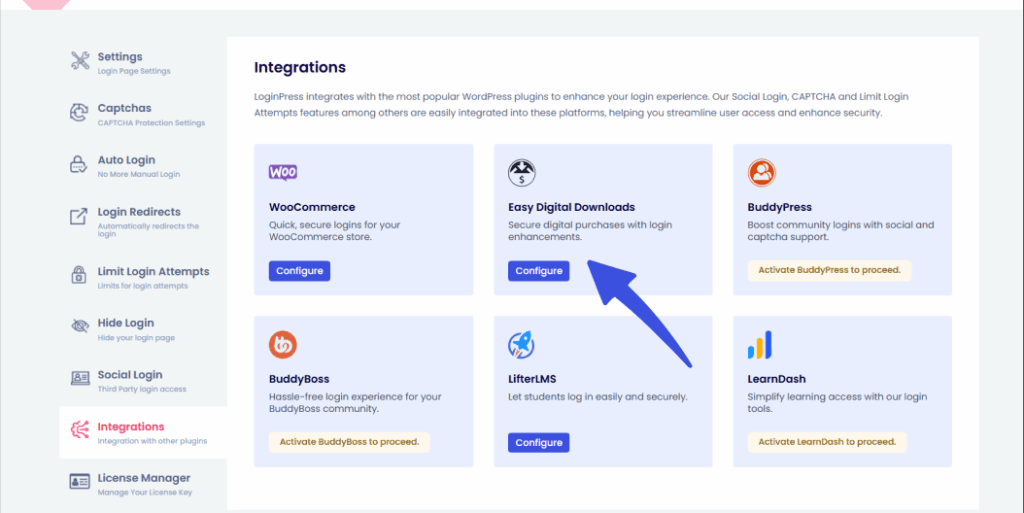 Click on configure button to add easy digital downloads login page