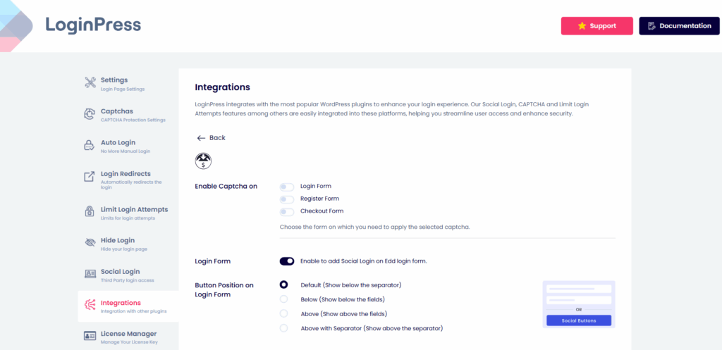 Edd integrations dashboard in loginpress for easy digital downloads login page