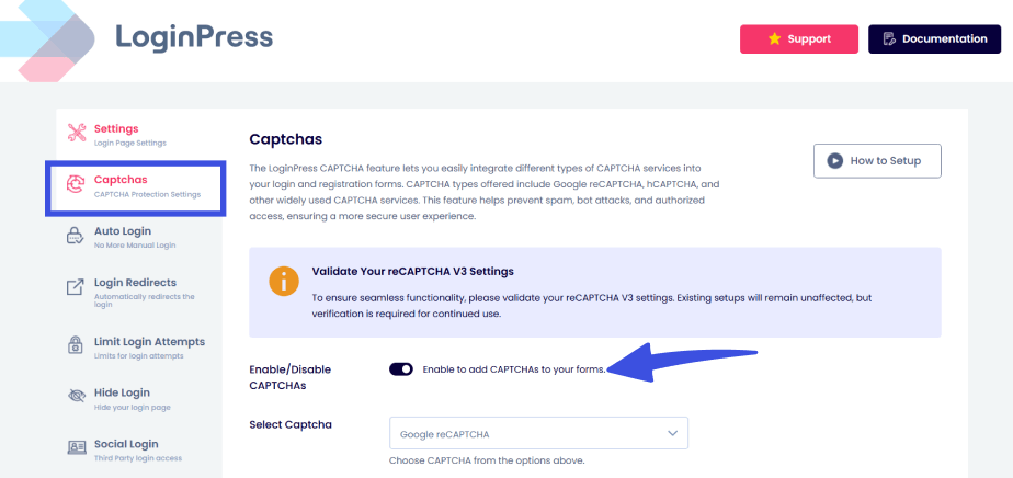 Enable captcha on forms for wordpress fraud prevention
