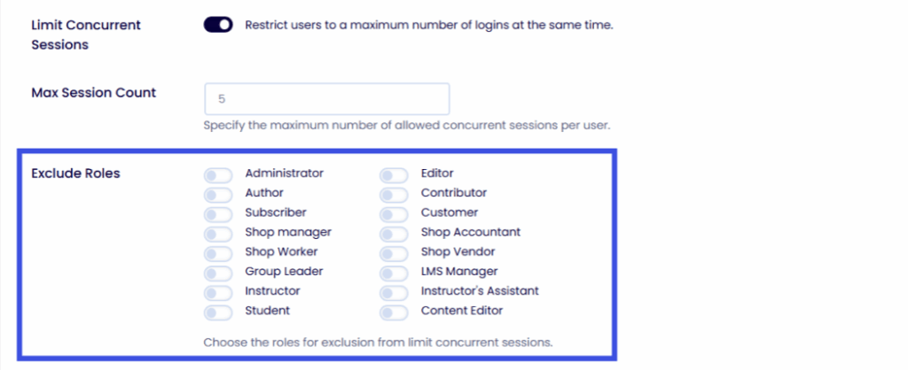 Exclude roles for concurrent sessions