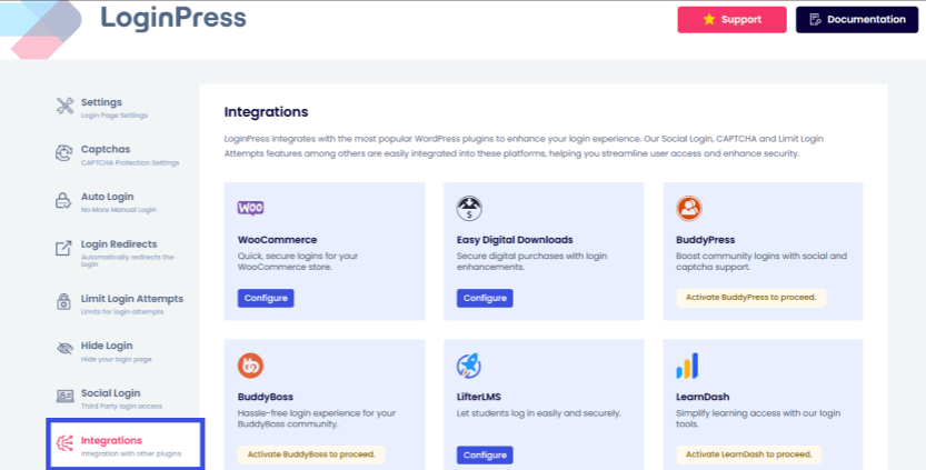 Go to integrations in loginpress