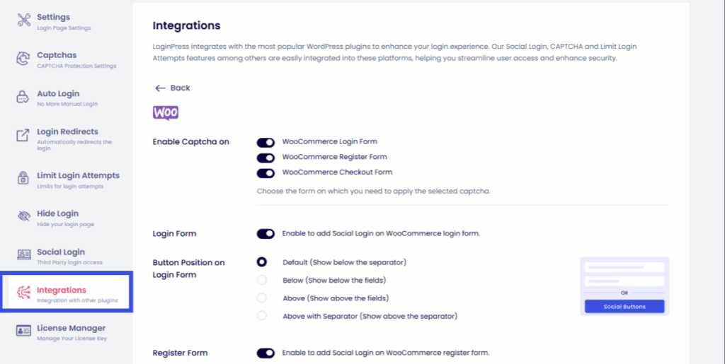 Go to integration option in loginpress