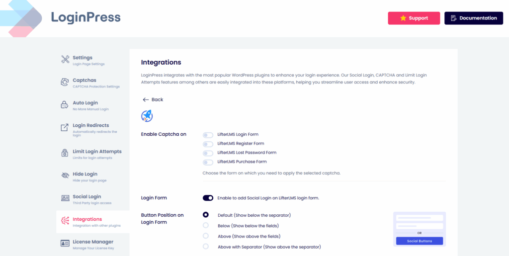 Integration dashboard in loginpress