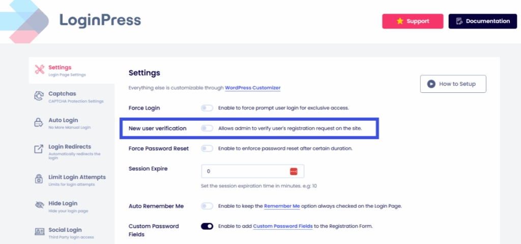 New user verification option in loginpress