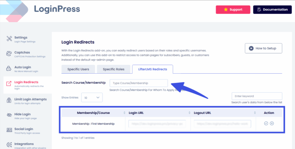 Search for courses or memberships in loginpress
