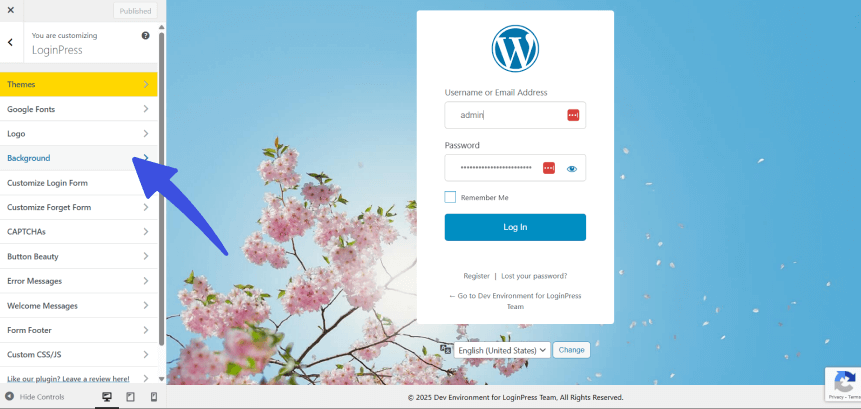 select background 1 Select background option in customizer in buddyboss login customization