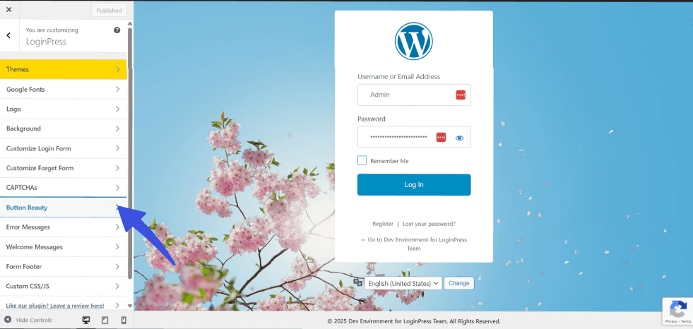 Select button beauty option in customizer