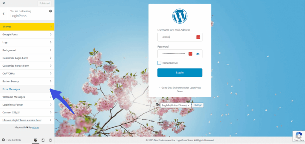select error messages Select error messages in loginpress customizer