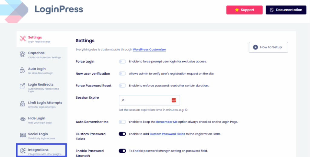 Select integrations option in loginpress for lifterlms login customization