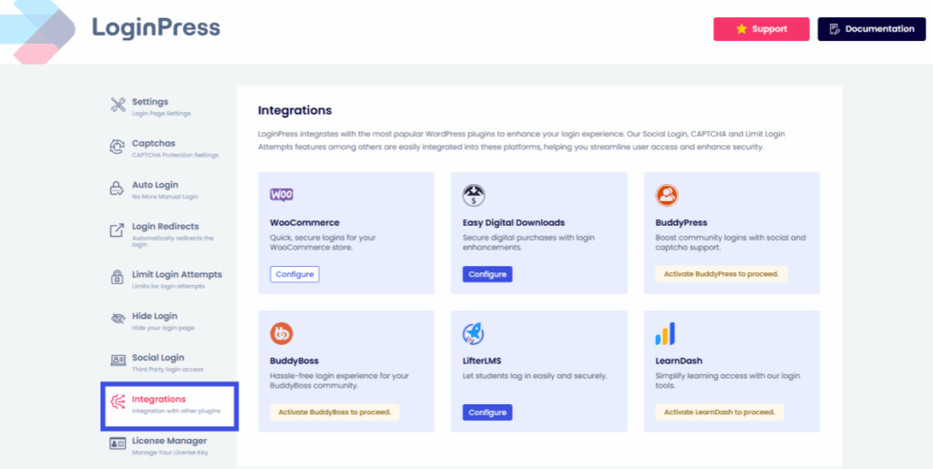 select integrations option Select integrations option in loginpress