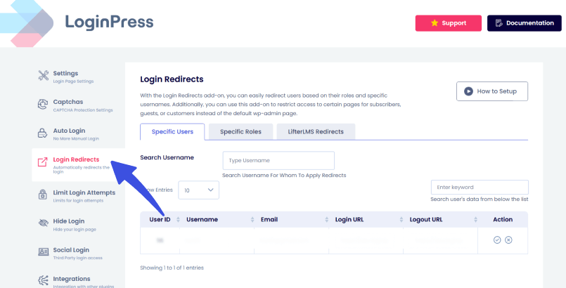 Select login redirects option