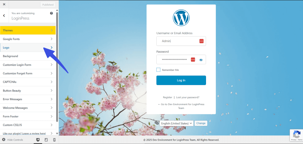Select logo option in customizer for buddypress login security