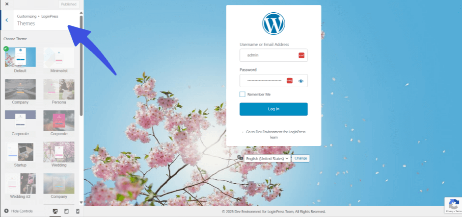 select theme Select theme in loginpress customizer