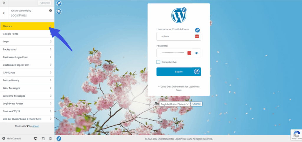 Select themes option