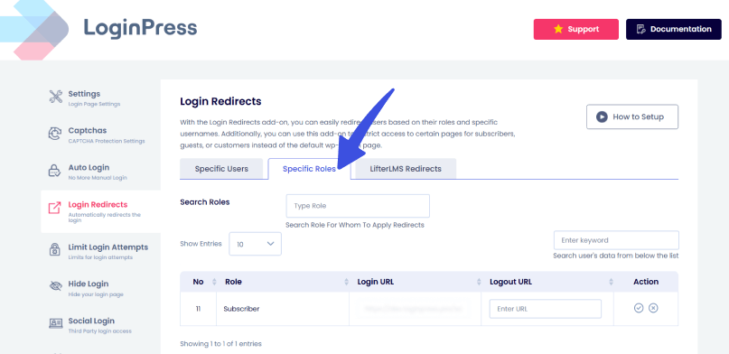 specific roles tab Specific roles based access in loginpress