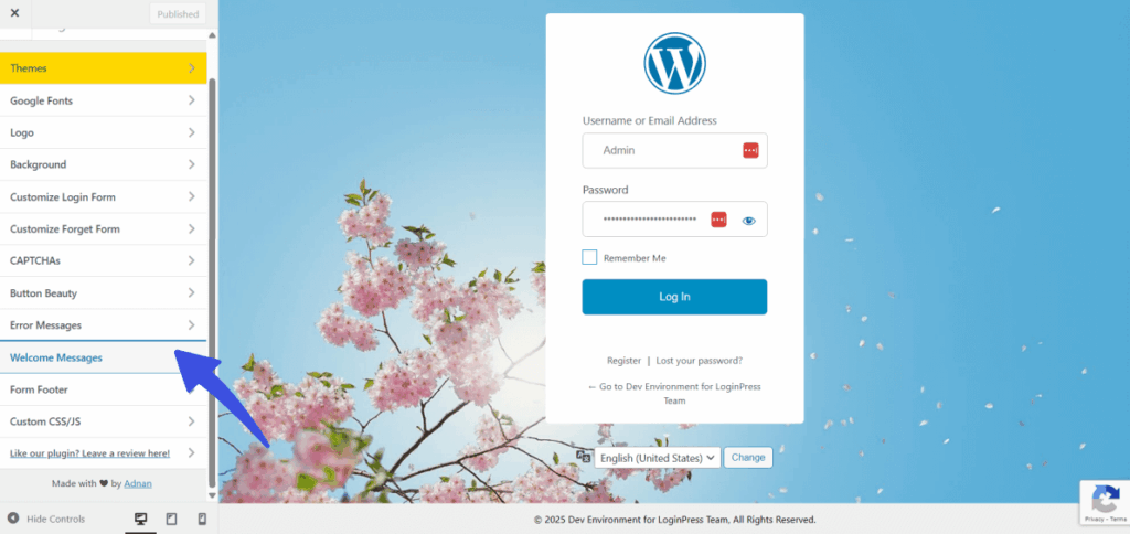 Welcome messages option in loginpress