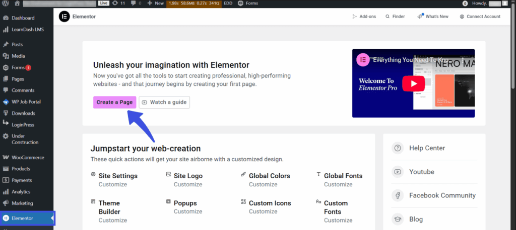 click on create new page button Click on create new page in elementor