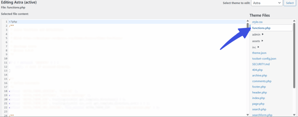 select functionsphp file Select functions php file to edit further