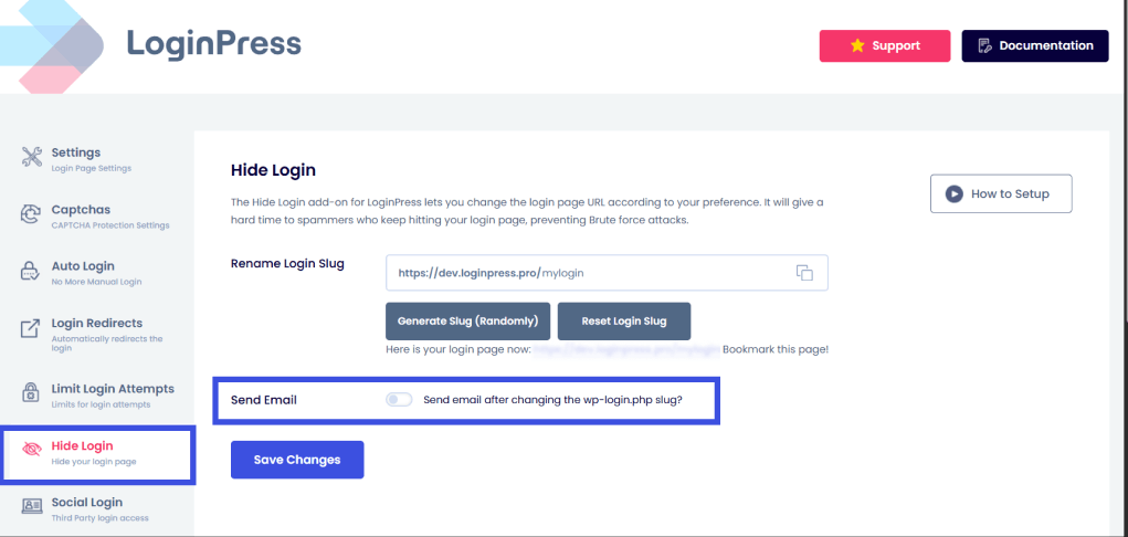 Send email for new login slug
