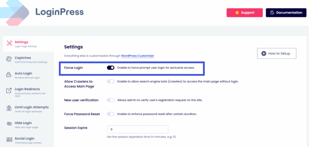 Force login option Force login for access for invisible wordpress security